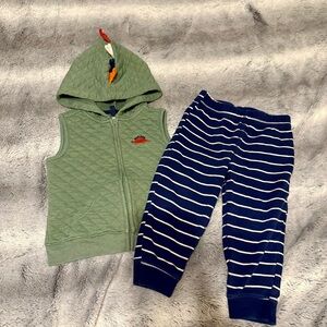 Carter's Quilted Dino Hoodie Vest + Navy Striped Pants Set 24 mo